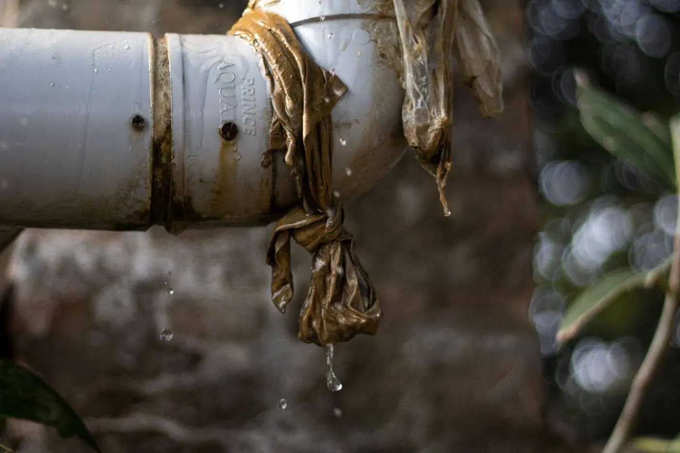 Active water leak with makeshift containment at a pipe joint
